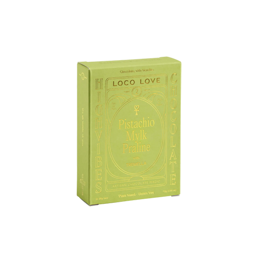 Green packaging of Loco Love Pistachio Mylk Praline on a white background