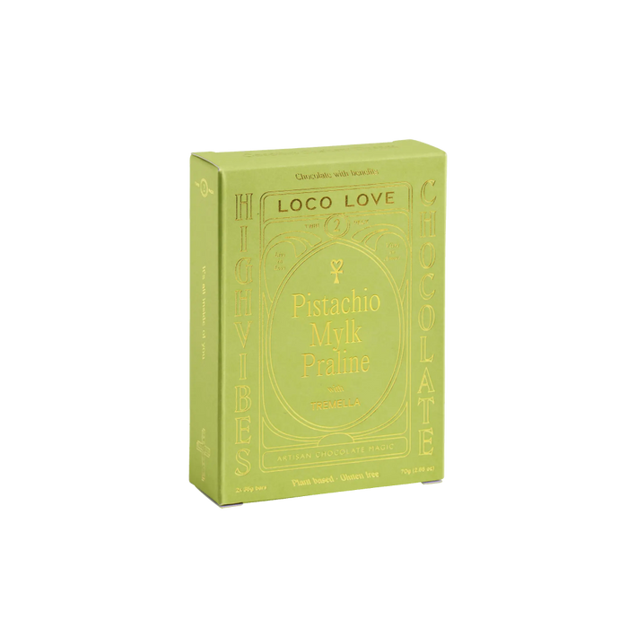 Green packaging of Loco Love Pistachio Mylk Praline on a white background
