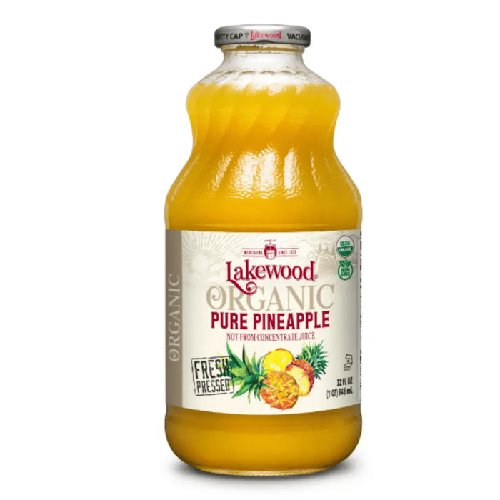 Bottle of Lakewood Organic Pure Pineapple juice on a white background