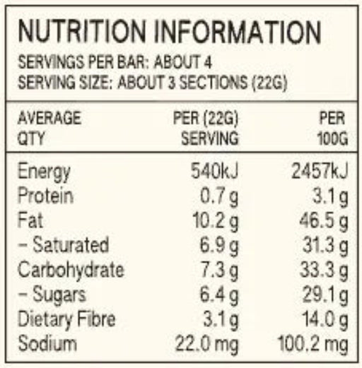 Nutrition information label for a product with serving size and nutritional values.