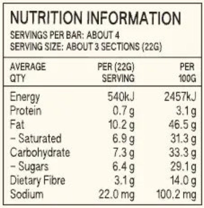 Nutrition information label for a product with serving size and nutritional values.