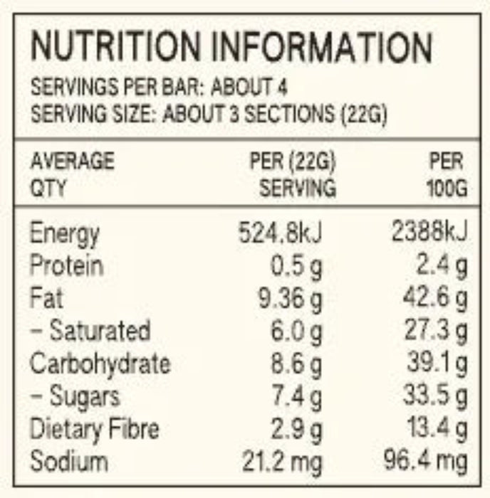 Nutritional panel for Luvia Salted Caramel chocolate bar.