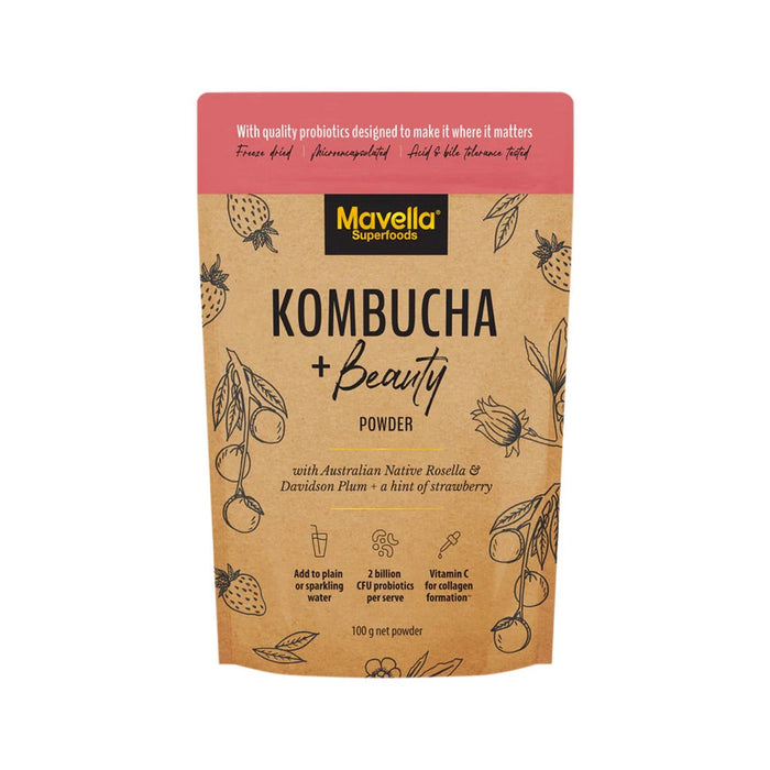 MAVELLA Superfoods Kombucha + Beauty Powder with Australian Native Rosella & Davidson Plum & Strawberry 100g