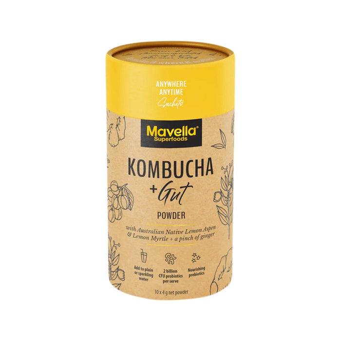 MAVELLA Superfoods Kombucha + Gut Powder with Australian Native Lemon Aspen & Lemon Myrtle & Ginger 4gx10 Pack