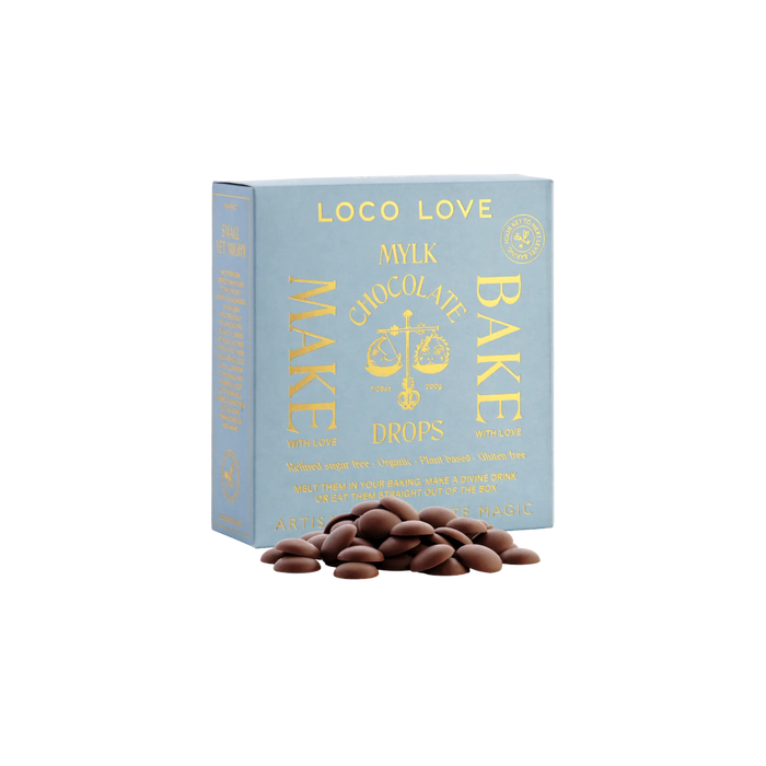 Box of Loco Love chocolate drops on a white background