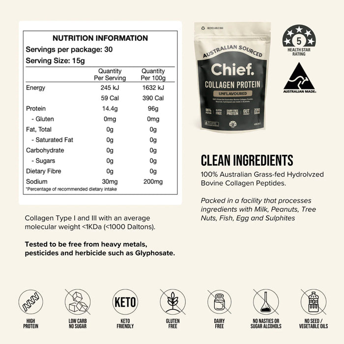 CHIEF NUTRITION Grass-Fed Collagen Protein Powder - Unflavoured 450g