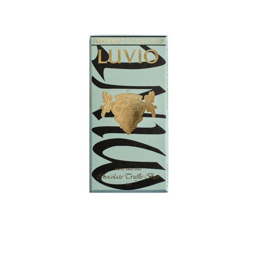Chocolate truffle packaging with 'Luvio' branding on a light green background
