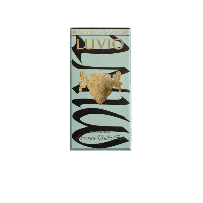 Chocolate truffle packaging with 'Luvio' branding on a light green background