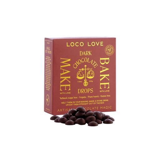 Box of Loco Love dark chocolate bake drops on a white background