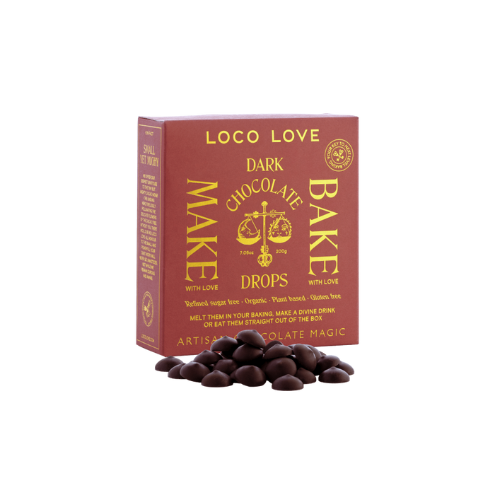 Box of Loco Love dark chocolate bake drops on a white background