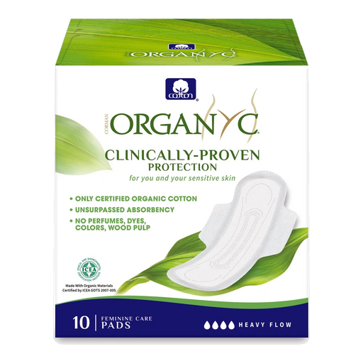 Organyc Organic Ultra Thin Heavy Flow/Night Cotton Pads with Wings x 10 Pack – front of pack