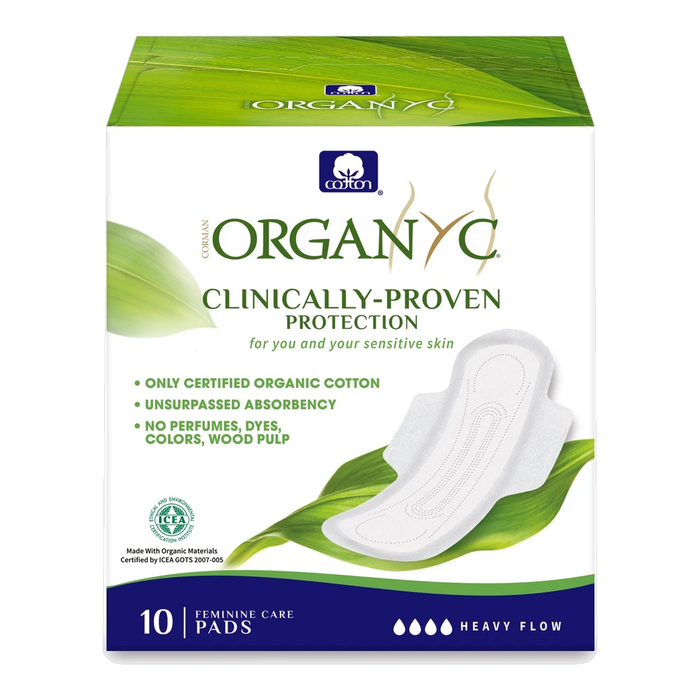 Organyc Organic Ultra Thin Heavy Flow/Night Cotton Pads with Wings x 10 Pack – front of pack