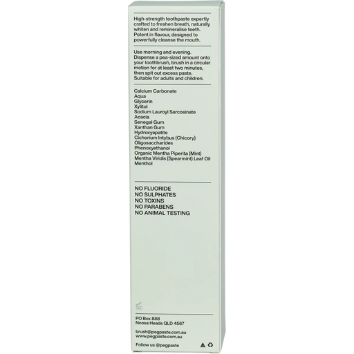 Peg Toothpaste Intense Mint back of box with ingredients, directions and information listed.