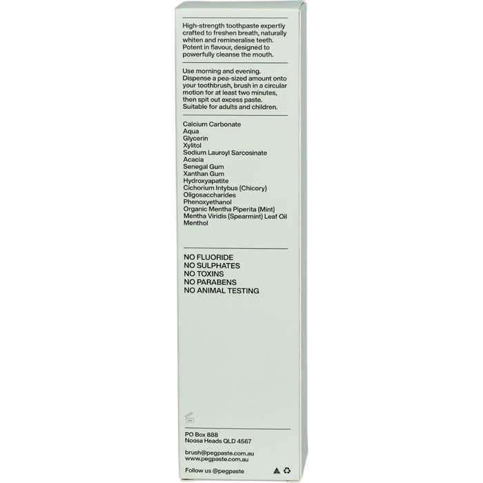 Peg Toothpaste Intense Mint back of box with ingredients, directions and information listed.