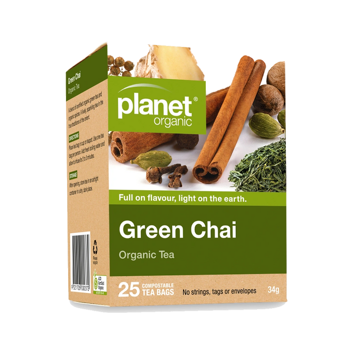 PLANET ORGANIC Green Chai Herbal Tea 25 Bags packaging