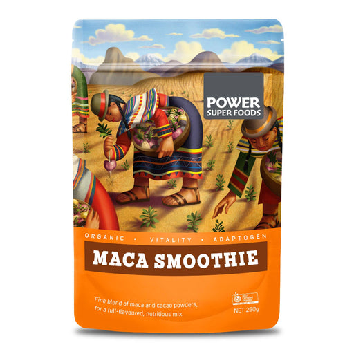 POWER SUPER FOODS Maca Power Organic Smoothie Blend with Cacao 250g front of packaging