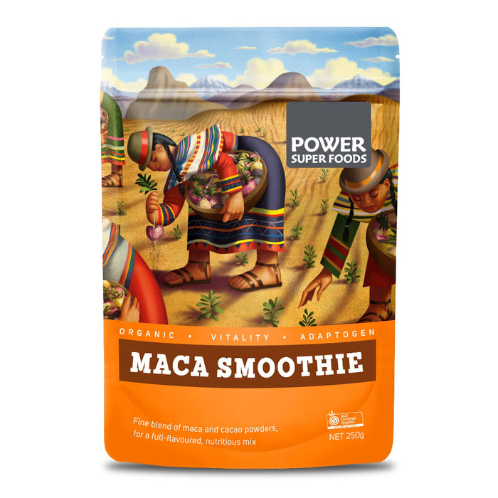 POWER SUPER FOODS Maca Power Organic Smoothie Blend with Cacao 250g front of packaging
