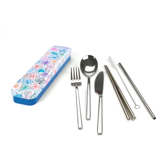 Retrokitchen Carry Your Cutlery Stainless Steel Cutlery Set (Also Includes Chopsticks, Straw & Brush) Passport Stamps