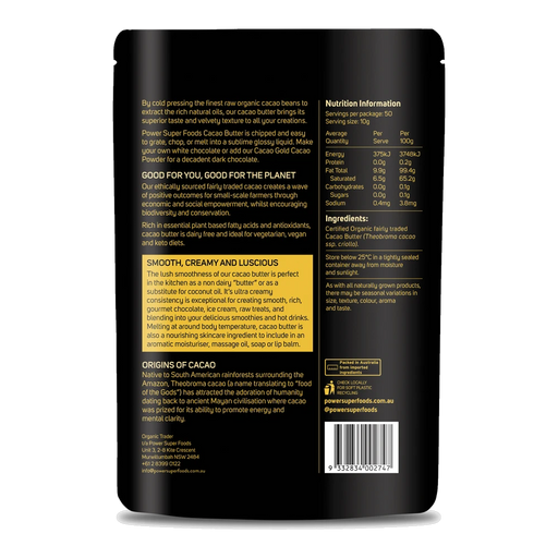 POWER SUPER FOODS Cacao Gold - Butter (Chunks) 500g – back of pack