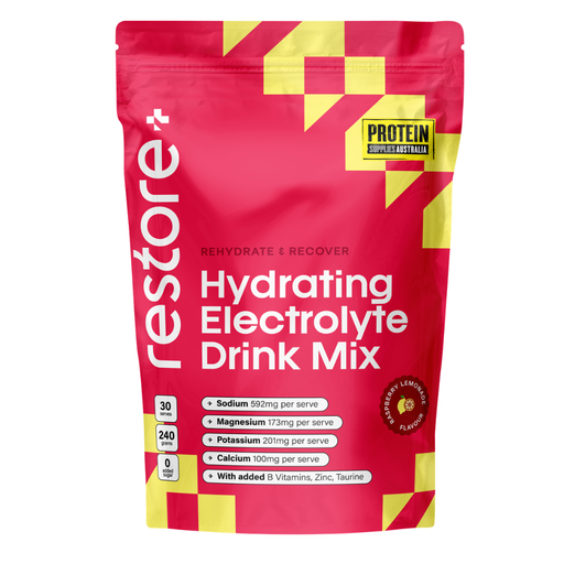 Red and yellow package of Hydrating Electrolyte Drink Mix with 'Protein' label on a white background