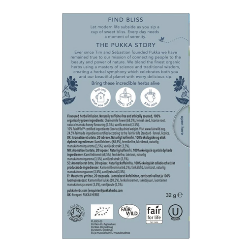 Pukka Chamomile Vanilla & Manuka Honey x 20 Tea Bags – back of pack