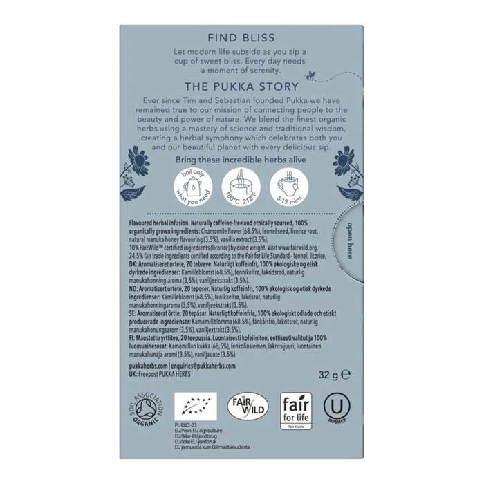 Pukka Chamomile Vanilla & Manuka Honey x 20 Tea Bags – back of pack