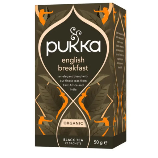 Pukka English Breakfast tea box on a white background