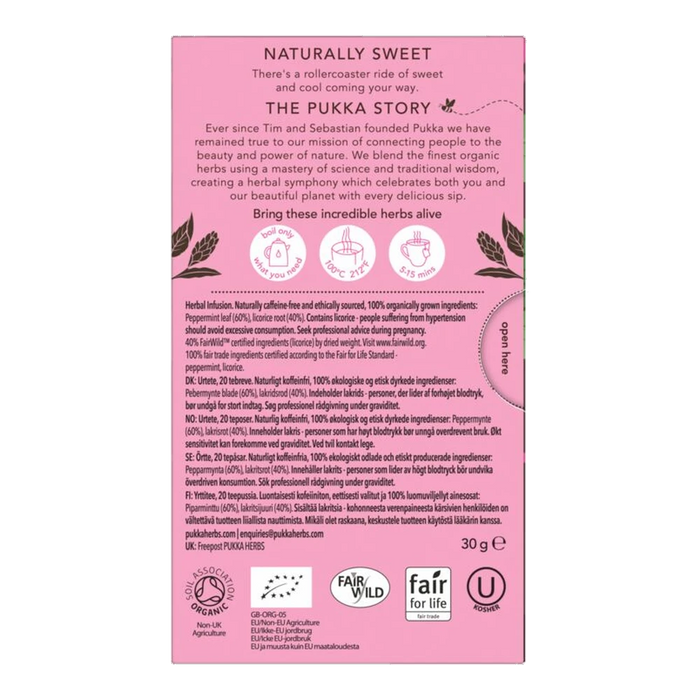 Pukka Peppermint & Licorice x 20 Tea Bags – back of pack