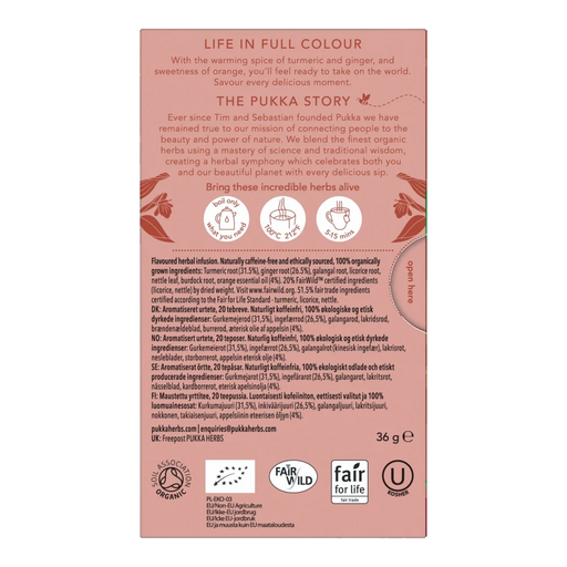 Pukka Turmeric, Ginger & Orange x 20 Tea Bags – back of pack