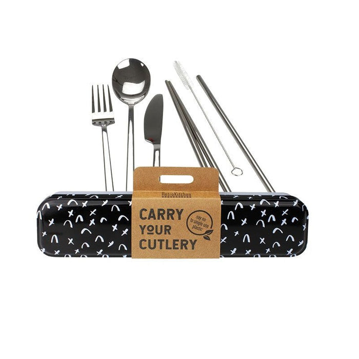 Retrokitchen Carry Your Cutlery Stainless Steel Cutlery Set (Also Includes Chopsticks, Straw & Brush) Criss Cross