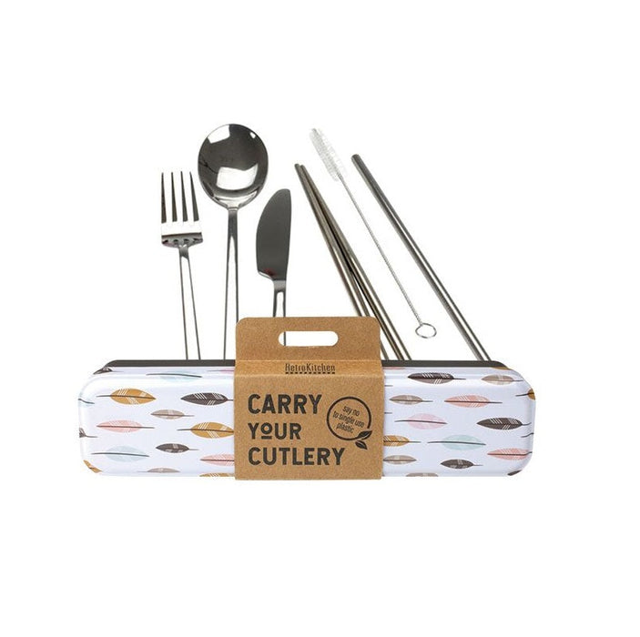 Retrokitchen Carry Your Cutlery Stainless Steel Cutlery Set (Also Includes Chopsticks, Straw & Brush) Leaves