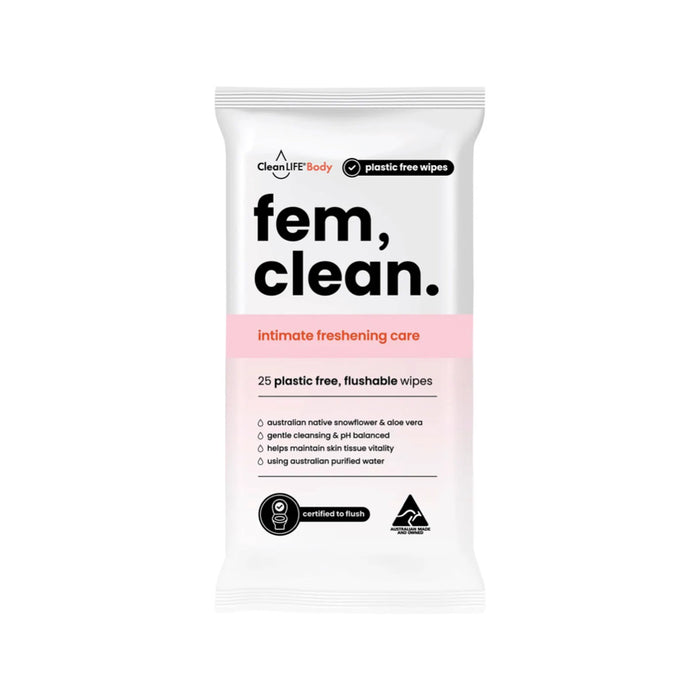 CLEANLIFE Fem Clean Intimate Flushable Plastic Free Wipes 25pk