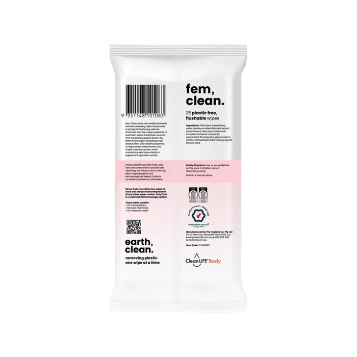 CLEANLIFE Fem Clean Intimate Flushable Plastic Free Wipes 25pk
