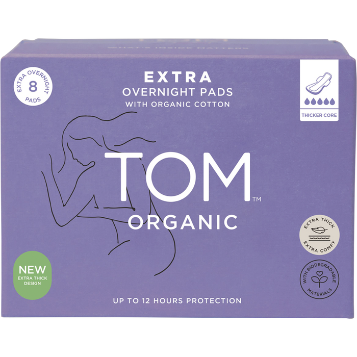 Tom Organic 8 Overnight Pads purple box frpnt over