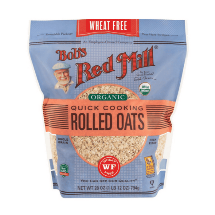 Bag of Bob's Red Mill organic quick cooking rolled oats on a white background