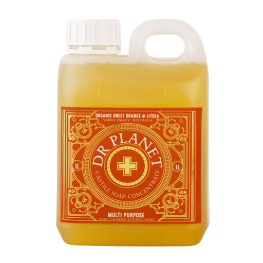 Dr Planet castile soap concentrate bottle on a orange label background