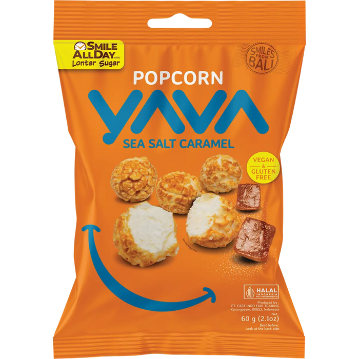 YAVA Popcorn Sea Salt Caramel packaging with orange background