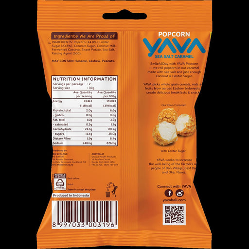 Yava Popocorn sea salt caramel back of packaging with nutritional panel and barcode