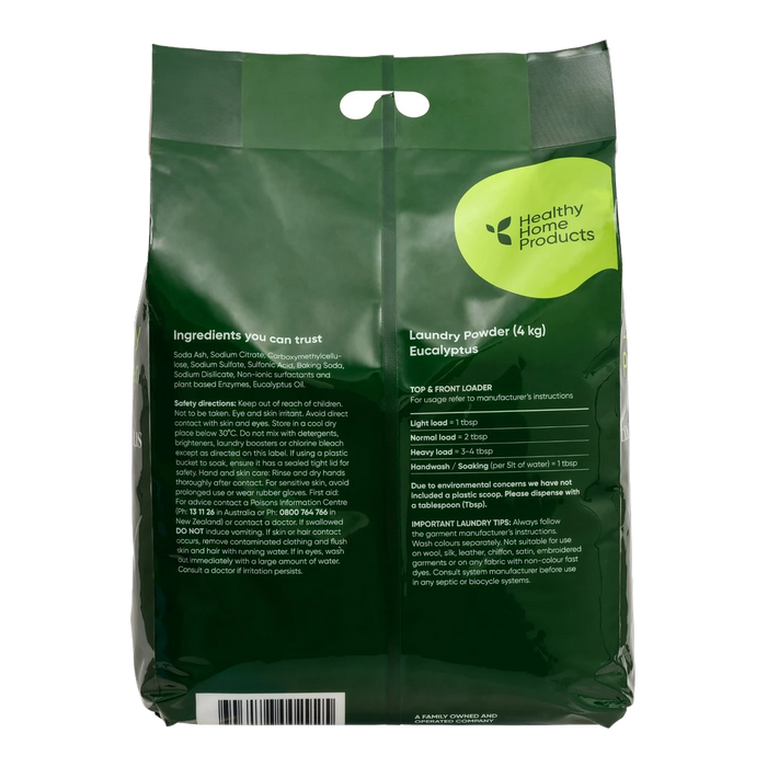 ABODE Laundry Powder Eucalyptus 4kg back of pack - ingredients, dosage and safety directions