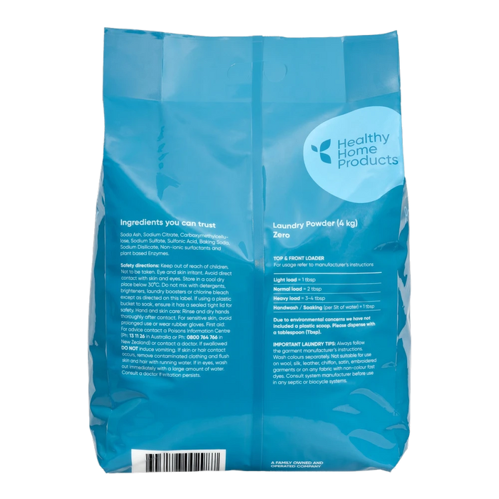 ABODE Laundry Powder Zero 4kg back of pack - ingredients, dosage and safety directions