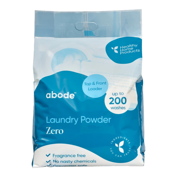 ABODE Laundry Powder Zero 4kg front of pack - fragrance free, top and front loader, up to 200 washes