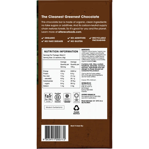 ALTER ECO Organic Coffee Brittle 70% Dark Chocolate 75g - back of pack showing ingredients and nutrition information