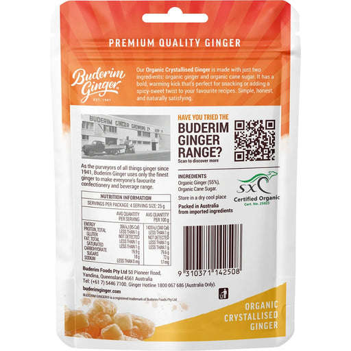 BUDERIM GINGER Organic Crystallised Ginger Coated in Crunch 100g - back of pack showing ingredients and nutrition information