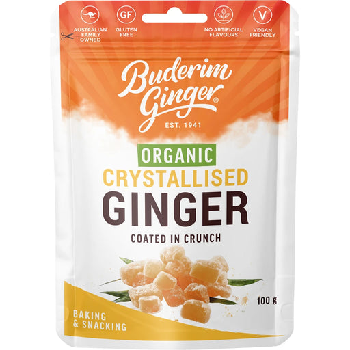 BUDERIM GINGER Organic Crystallised Ginger Coated in Crunch 100g - front of pack