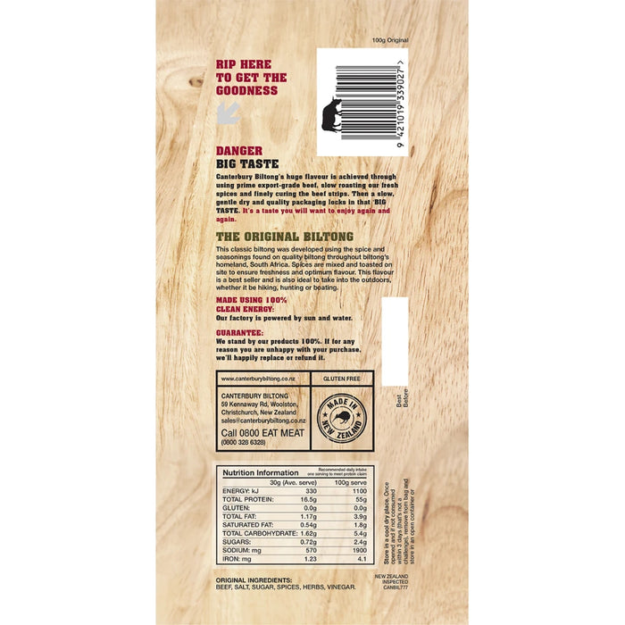 CANTERBURY BILTONG Grass Fed Biltong Original Coriander & Pepper 100g - back of pack showing ingredients and nutrition information