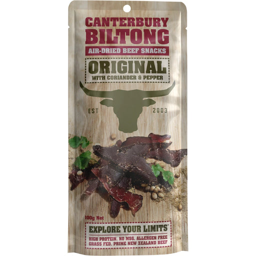 CANTERBURY BILTONG Grass Fed Biltong Original Coriander & Pepper 100g - front of pack