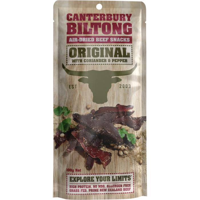 CANTERBURY BILTONG Grass Fed Biltong Original Coriander & Pepper 100g - front of pack