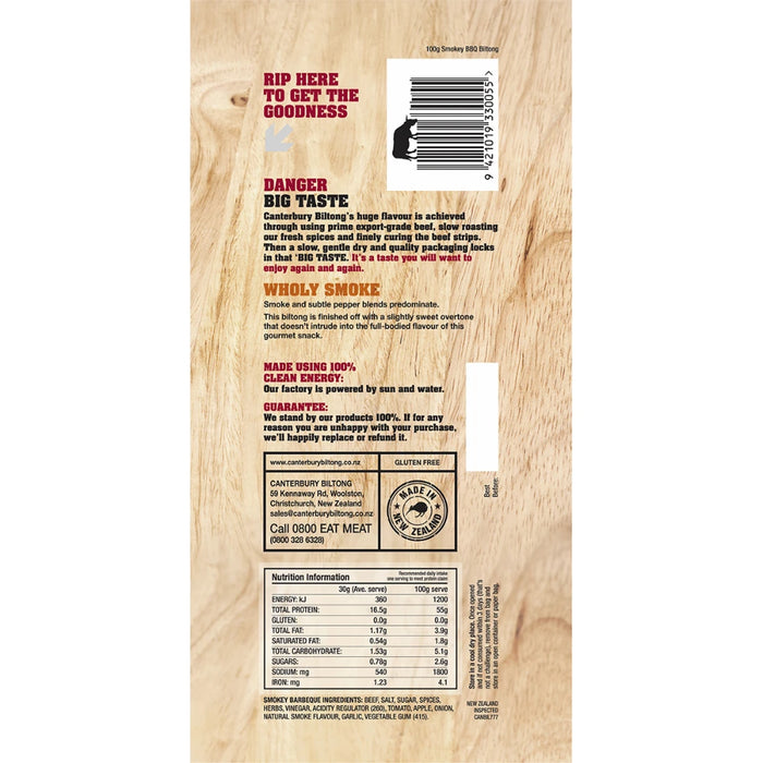 CANTERBURY BILTONG Grass Fed Biltong Smokey Barbeque 100g - back of pack showing ingredients and nutrition information