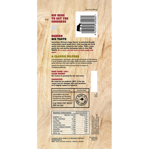 CANTERBURY BILTONG Grass Fed Biltong Garlic & Cracked Pepper 100g - back of pack showing ingredients and nutrition information