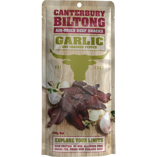 CANTERBURY BILTONG Grass Fed Biltong Garlic & Cracked Pepper 100g - front of pack